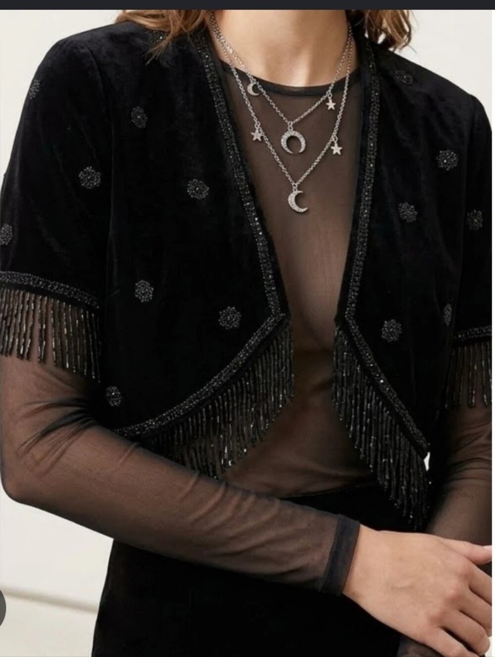 Marina Black Velvet Fringe Cropped Bolero Srung Size M